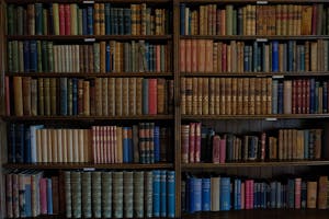 A collection of old, colorful books neatly stacked on wooden shelves in a library setting.